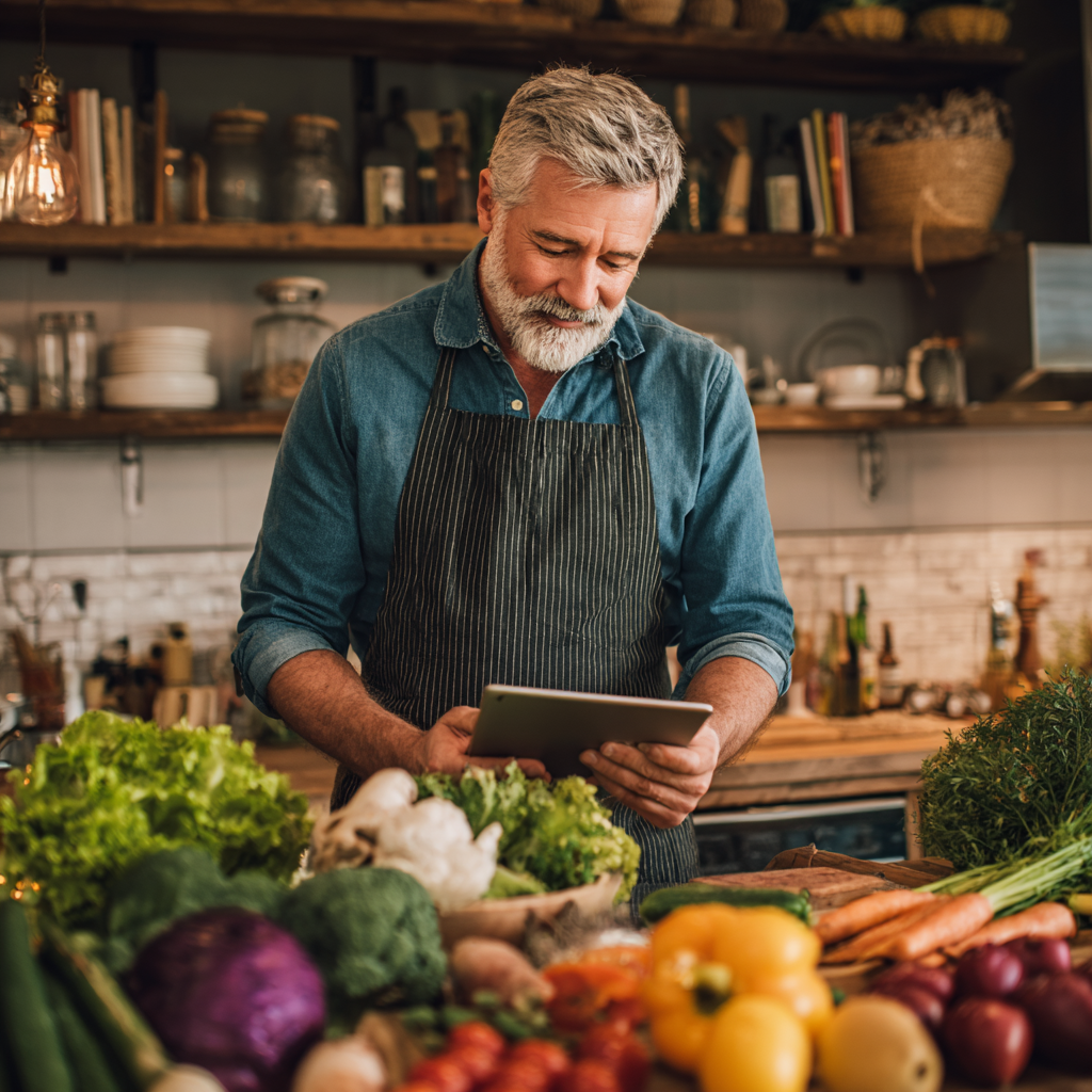 Чоловік 58 років готує здорову їжу на кухні, дивиться на планшет з рецептом, на столі свіжі овочі та фрукти