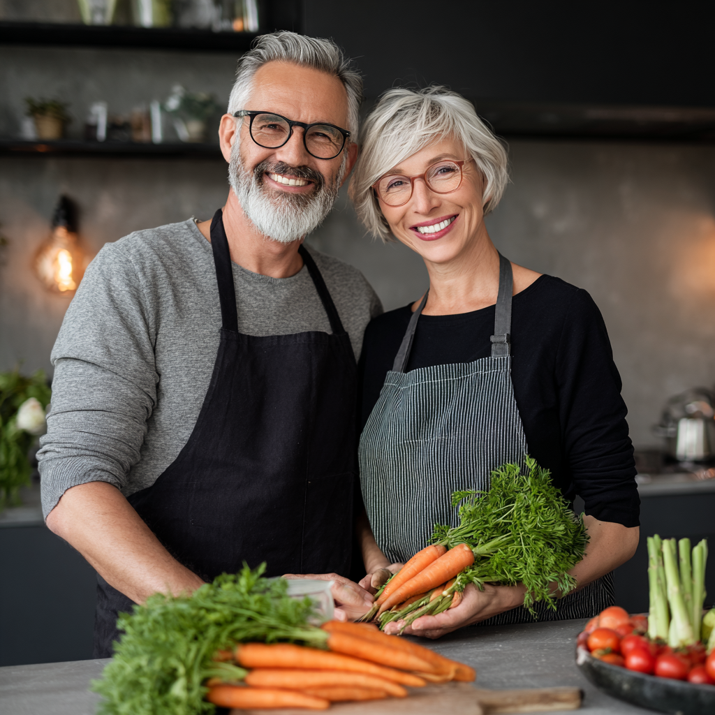 Пара 52-55 років разом готує здорову їжу, посміхаються та тримають свіжі овочі на сучасній кухні