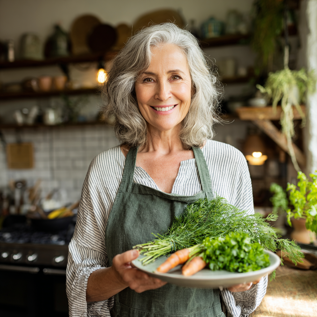 Жінка 55 років тримає тарілку зі свіжими овочами та зеленню, посміхається на кухні в природному освітленні